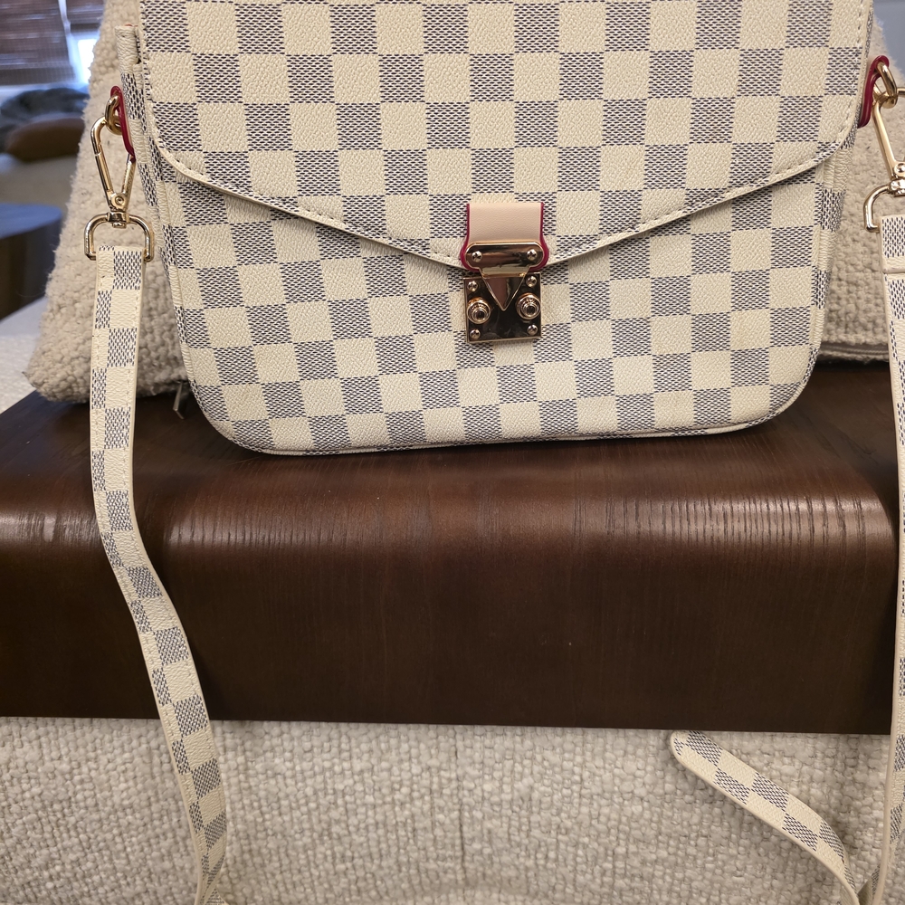 Cream and Gray Checkered Crossbody Bag